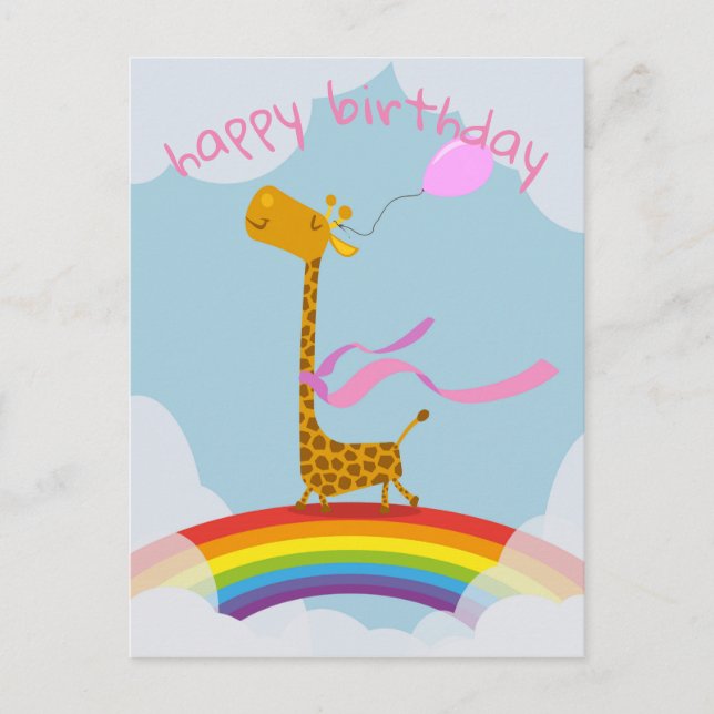 Happy Birthday card with giraffe on rainbow (Front)