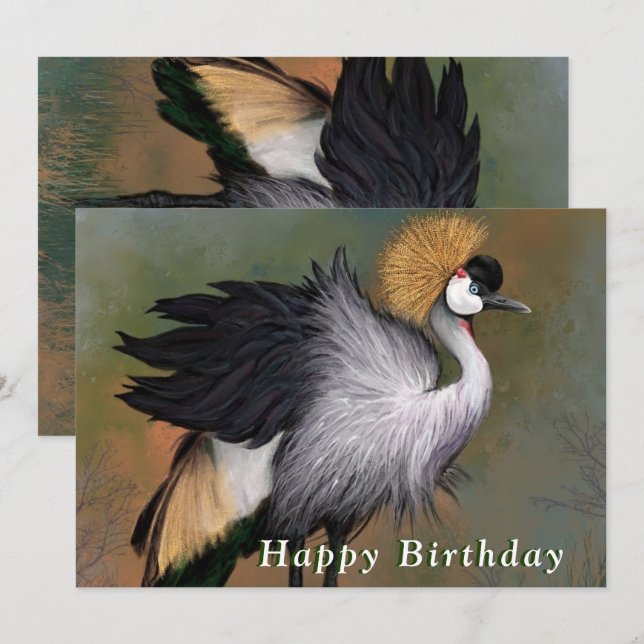 Happy Birthday Card with Grey Crowned Crane Bird (Front/Back)