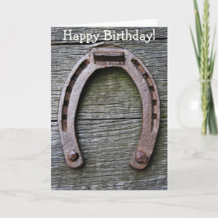 Happy Birthday Card with Horseshoe on Wood