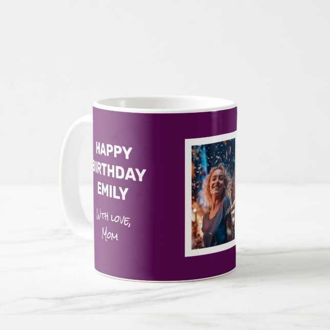 Happy Birthday Card  With Photo On A Mug Plum (Front Left)