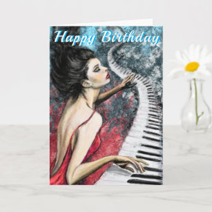 Happy Birthday Card with Piano Lady in Red
