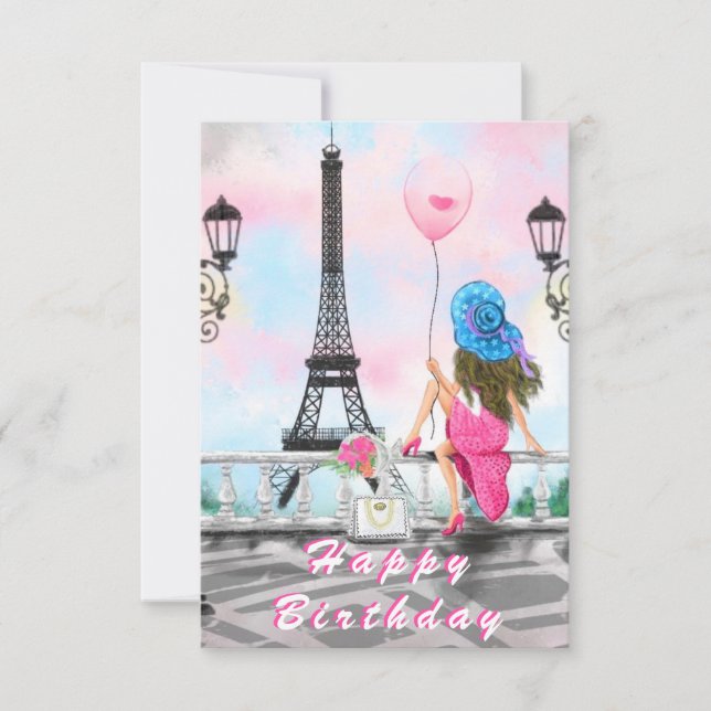 Happy Birthday Card Woman In Paris Eiffel Tower (Front)