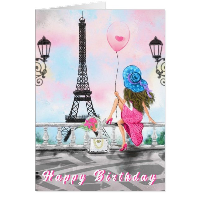 Happy Birthday Card Woman In Paris Eiffel Tower (Front)