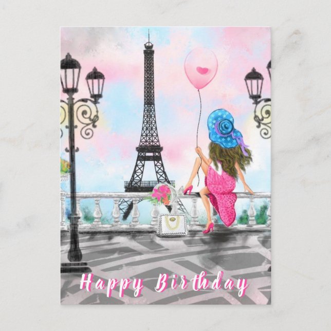 Happy Birthday Card Woman with Pink Heart Balloon (Front)