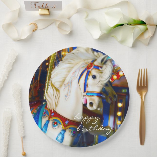 Happy Birthday Carnival Carousel Horse Photo Fun Paper Plate (Wedding)