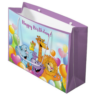 Happy Birthday Cartoon Animals and Balloons Purple Large Gift Bag