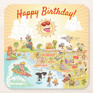 Happy Birthday Cartoon California Square Coaster