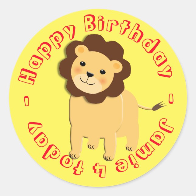 Happy Birthday Cartoon Jungle Lion Personalized Classic Round Sticker (Front)