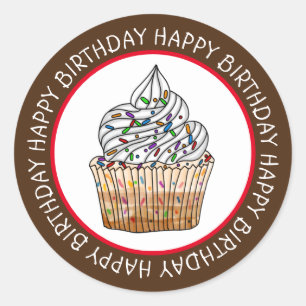 Happy Birthday Cartoon Vanilla Cupcake   Classic Round Sticker