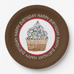 Happy Birthday Cartoon Vanilla Cupcake Paper Plate