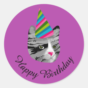 Happy Birthday Cat in Party Hat Classic Round Sticker