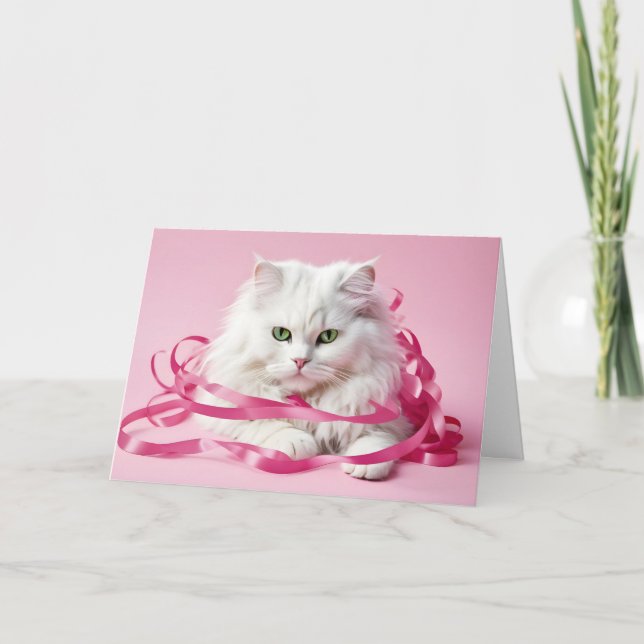 Happy Birthday Cat In Pink Ribbons Card (Front)