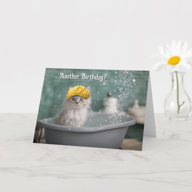 Happy Birthday Cat Kitten in a Bubble Bath Tub  Card (Small Plant)