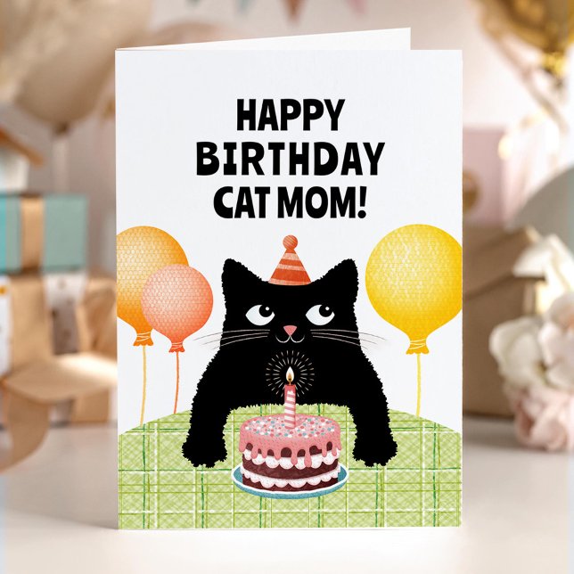 Happy Birthday cat mum with black kitten and cake Card (Creator Uploaded)