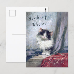  Happy Birthday Cat Oil Painting Red Grey   Postcard
