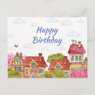 Happy Birthday Cat on the Rooftop  Postcard