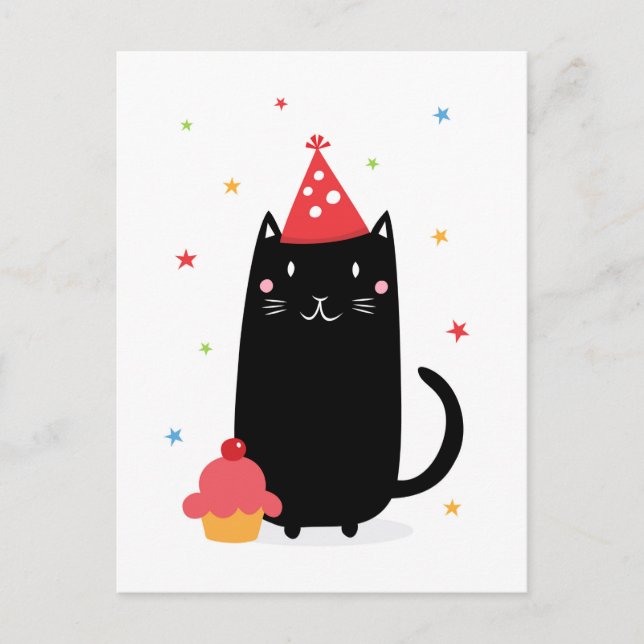 Happy birthday cat with cupcake and party hat invitation postcard (Front)