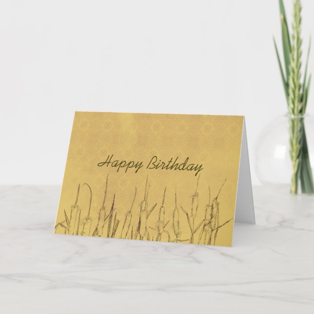 Happy Birthday Cattails Pen and Ink Art Drawing Card (Front)