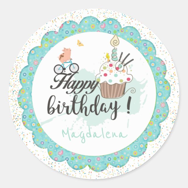 Happy Birthday Celebration Party Cute Cupcake  Classic Round Sticker (Front)