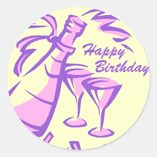Happy Birthday Champagne Bottle and Glasses Classic Round Sticker (Front)