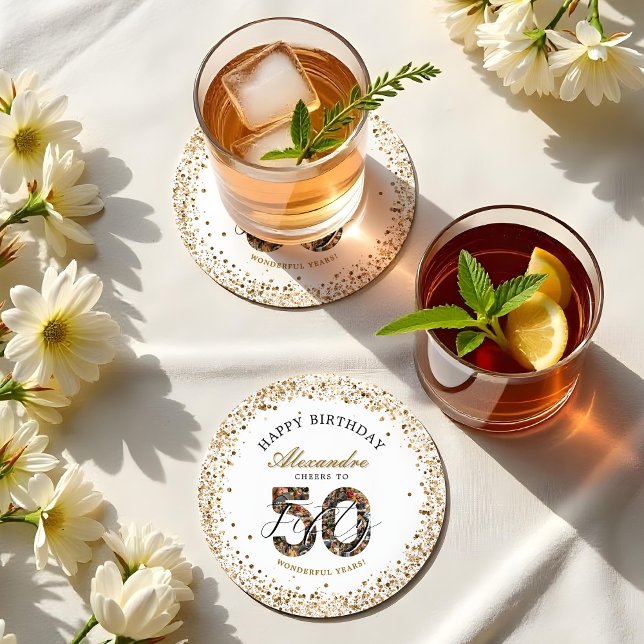  Happy Birthday Cheers To 50 Years Photo Collage Round Paper Coaster (Happy Birthday Cheers To 50 Years Photo Collage Round Paper Coaster)