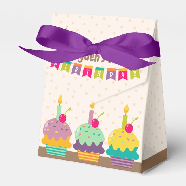 Happy Birthday Children Colourful Cupcakes Bunting Favor Box (Front Side)