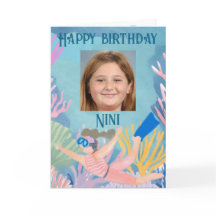 Happy birthday children's card girl snorkeler reef