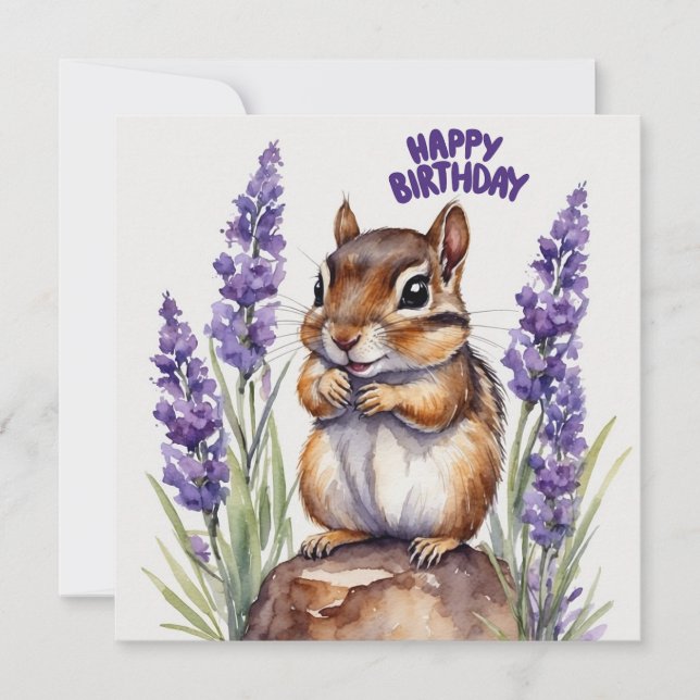 Happy Birthday Chipmunk with Lavender Flowers  Card (Front)