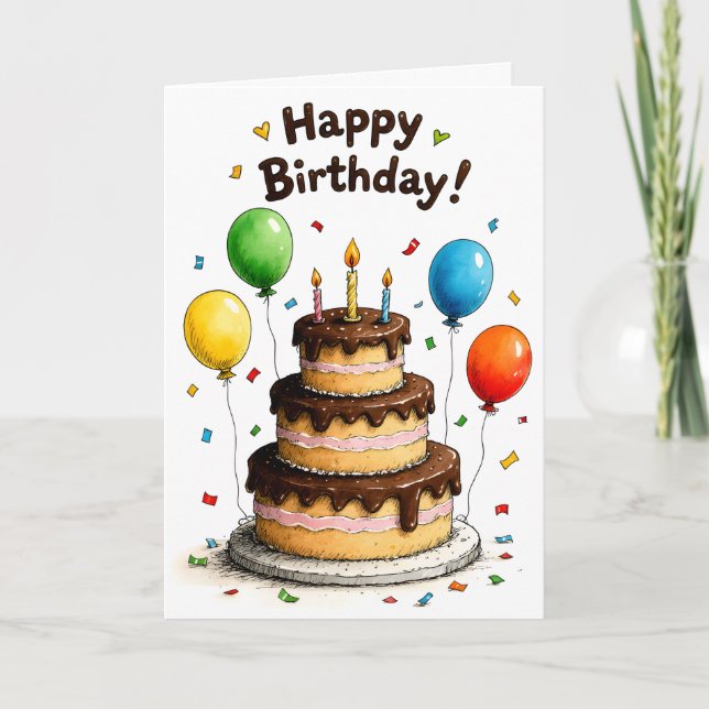 Happy Birthday Chocolate Cake Balloons Card (Front)