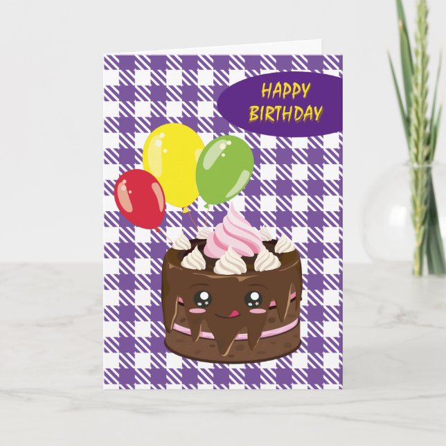Happy birthday chocolate cake, kawaii card (Front)
