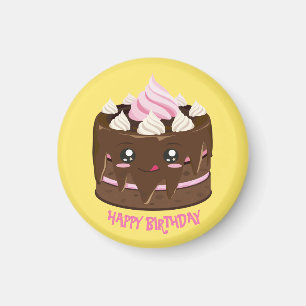 Happy birthday chocolate cake, kawaii, pink text magnet