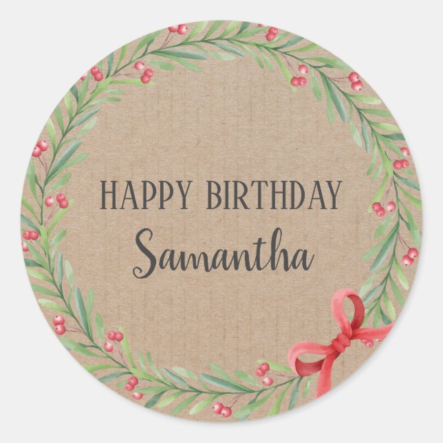 Happy Birthday Christmas Floral Wreath Craft Classic Round Sticker (Front)