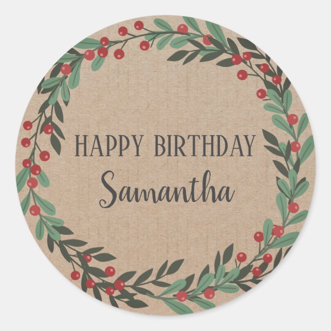 Happy Birthday Christmas Floral Wreath Craft Classic Round Sticker (Front)
