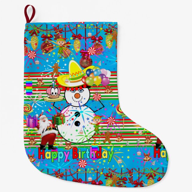 Happy Birthday Christmas Stocking, Snowman Large Christmas Stocking (Front)