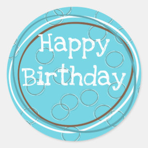Happy Birthday Circles Turquoise White Brown  Classic Round Sticker