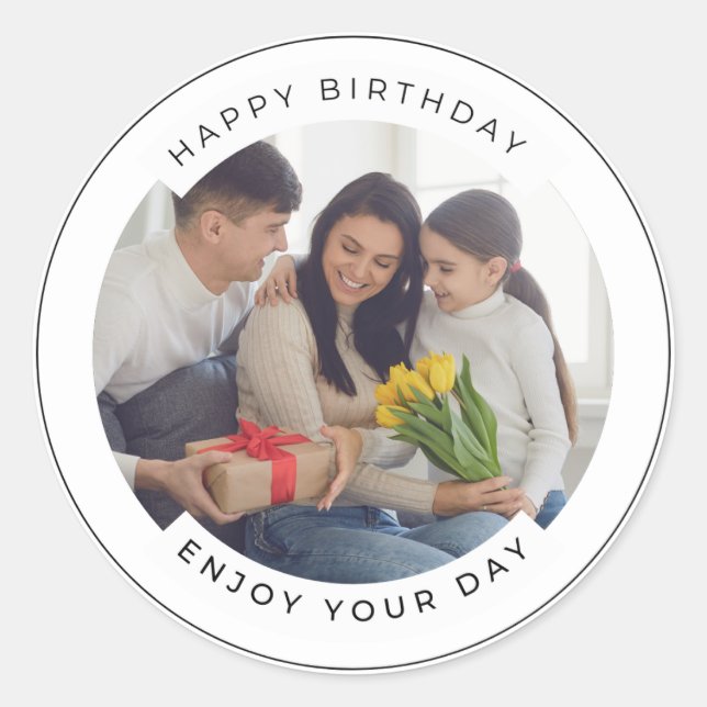 Happy Birthday | Classic Simple Custom Photo  Classic Round Sticker (Front)