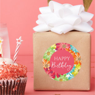 Happy Birthday Colorful Spring Flowers     Classic Round Sticker