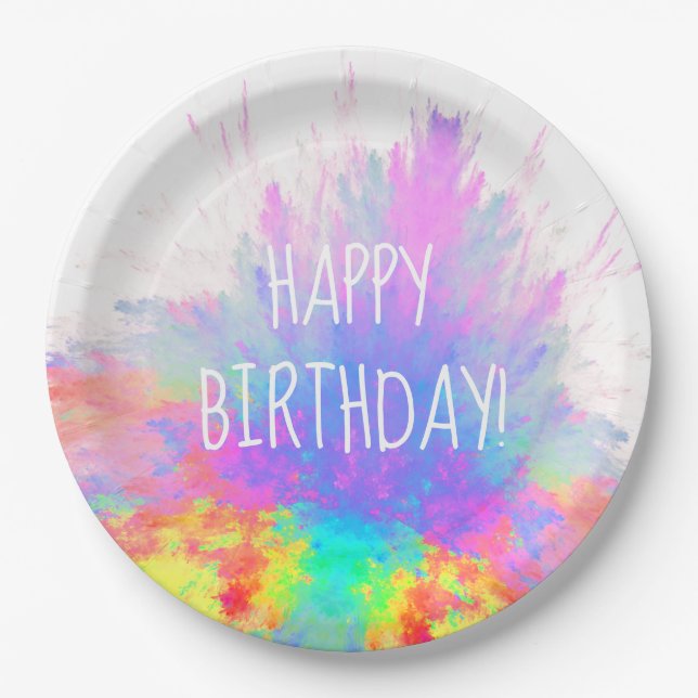 Happy Birthday Colour Burst Rainbow Paper Plate (Front)