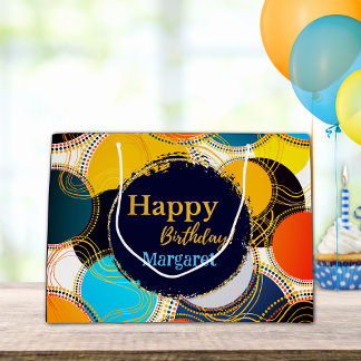 Happy Birthday Colourful 80's Retro Abstract Gold Large Gift Bag