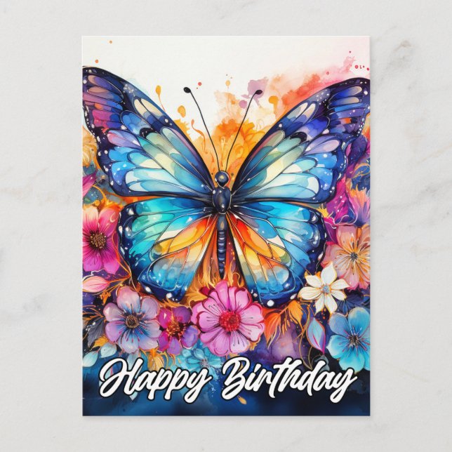 Happy Birthday | Colourful Beautiful Butterfly Postcard (Front)