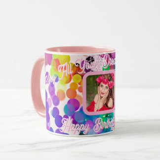 Happy Birthday Colourful Bokeh Bubbles Pink Photo  Mug