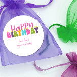 Happy Birthday Colourful Candle Typography Classic Round Sticker<br><div class="desc">Happy Birthday sticker which you can personalize for any child or young at heart friend or relation. The design has colourful candles lettered in cute and whimsical,  groovy retro typography in pink,  purple,  lime green,  turquoise blue and yellow.</div>