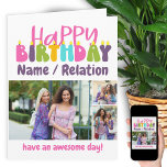 Happy Birthday Colourful Candles 3 Photo Collage Card<br><div class="desc">Personalized Happy Birthday photo card lettered with colourful candles. The template is ready for you to add 3 of your favourite photos and personalize the wording with a name or relation (Isabella / bestie / sister, for example), a message at the bottom such as "have an awesome day!". You can...</div>