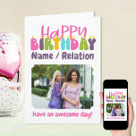Happy Birthday Colourful Candles Cute Photo Card<br><div class="desc">Personalized Happy Birthday photo card lettered with colourful candles. The template is ready for you to add 3 of your favourite photos and personalize the wording with a name or relation (Isabella / bestie / sister, for example), a message at the bottom such as "have an awesome day!". You can...</div>