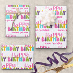 Happy Birthday Colourful Candles Set of 3 Wrapping Paper Sheet<br><div class="desc">Set of 3 Happy Birthday wrapping paper sheets. Two of the sheets can be personalized to someone or from someone and the 3rd sheet has no personalization. The design has colourful candles lettered in cute and whimsical,  groovy retro typography in pink,  purple,  lime green,  turquoise blue and yellow.</div>