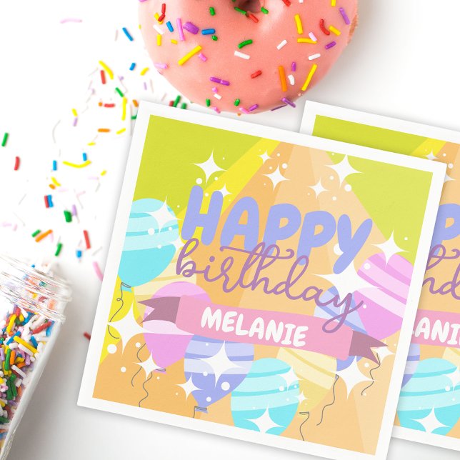 Happy Birthday Colourful Cartoon Balloons Sparkles Napkin (Creator Uploaded)