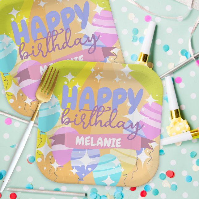 Happy Birthday Colourful Cartoon Balloons Sparkles Paper Plate (Creator Uploaded)