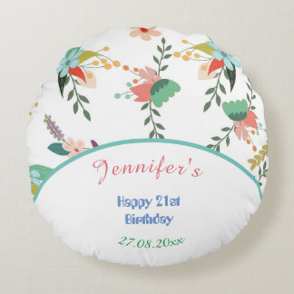 Happy Birthday Colourful Floral  Round Pillow