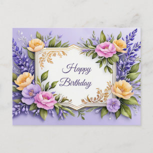 Happy Birthday Colourful Flowers on Lavender  Postcard