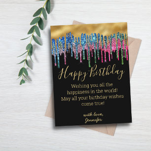 happy birthday colourful gold dripping glitters  postcard